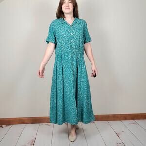 Vintage 80s 90s Wildflower Midi Dress Teal Large
